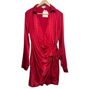 NWT Superdown Red Satin Wrap Dress Size L – Long Sleeve Mini Party Dress with Ti